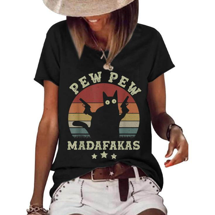 Vintage Pew Pew Madafakas Funny Crazy Black Cat Halloween  Women's Short Sleeve Loose T-shirt