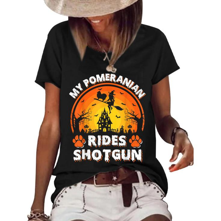 Vintage Retro My Pomeranian Rides Shotgun Halloween  Women's Short Sleeve Loose T-shirt