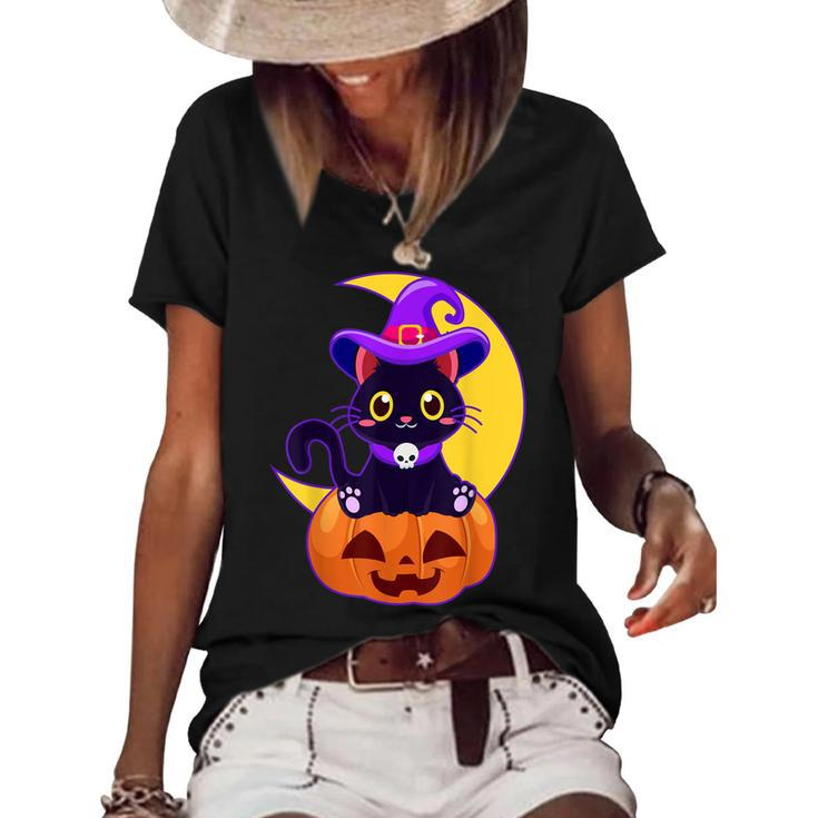 Vintage Scary Halloween Black Cat Costume Witch Hat & Moon  Women's Short Sleeve Loose T-shirt