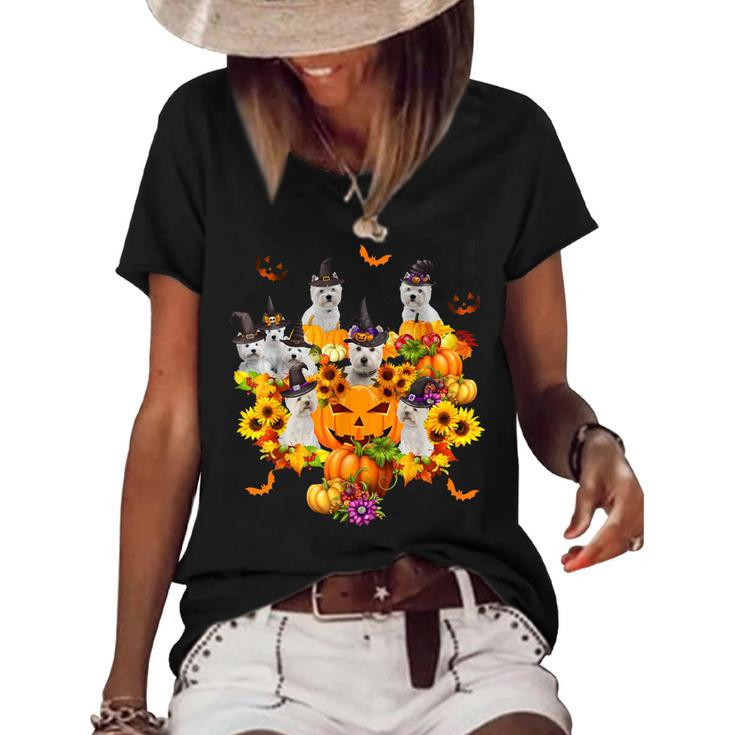 Westie Witch Heart Pumpkin Sunflower Halloween Thanksgiving  Women's Short Sleeve Loose T-shirt