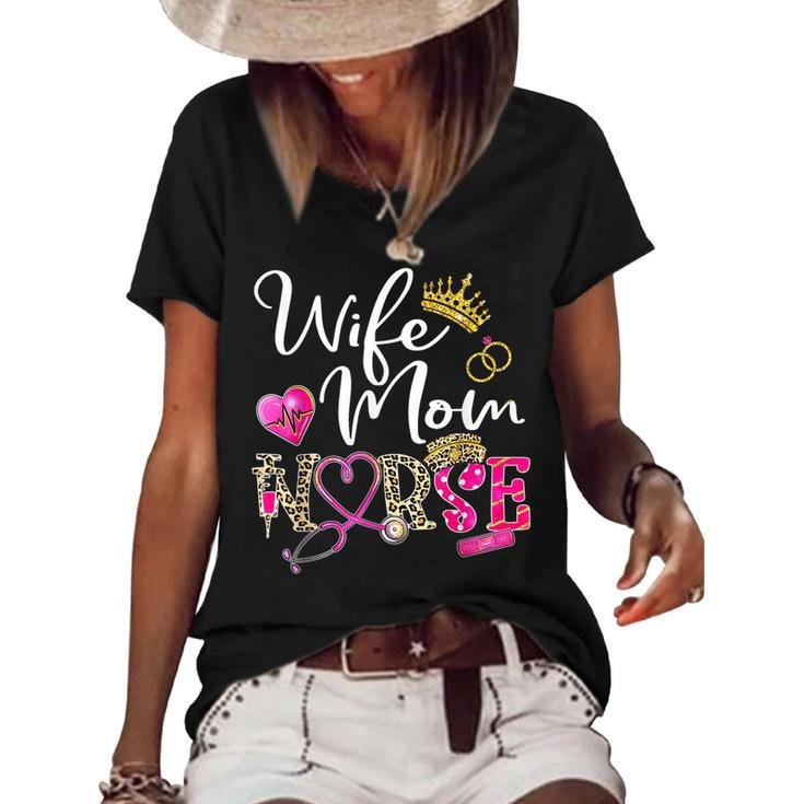 Wife Mom Nurse Leopard For Womens Mom Nurse Mothers Day  Women's Short Sleeve Loose T-shirt