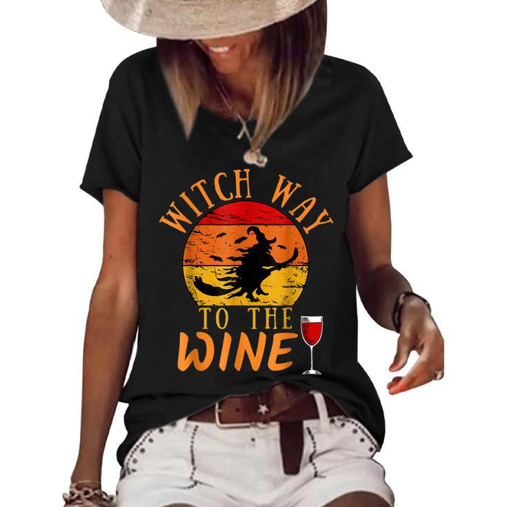 Witch Way To The Wine Funny Halloween Party Wine Witch Lover  Women's Short Sleeve Loose T-shirt