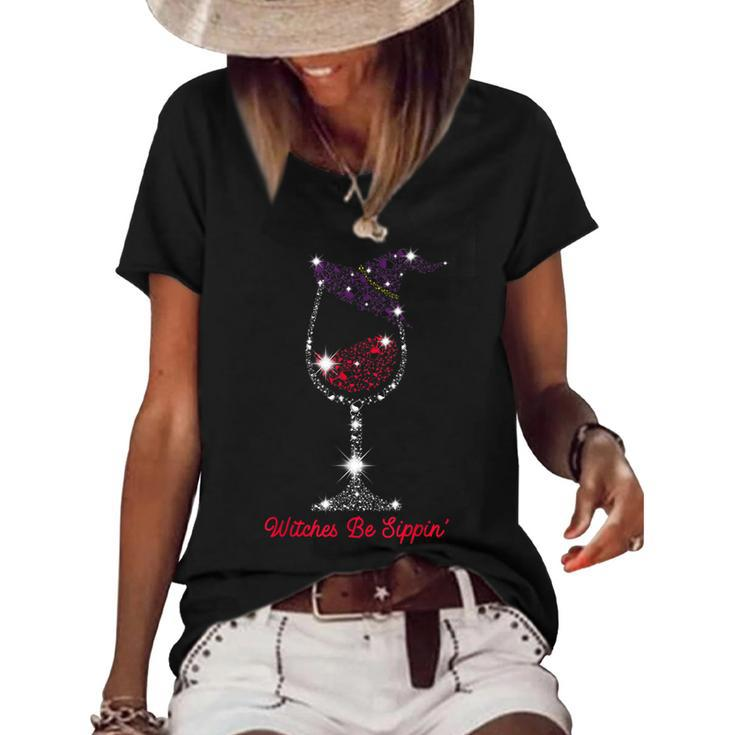Witches Be Sippin Witch Squad Wine Glass Halloween Party  Women's Short Sleeve Loose T-shirt