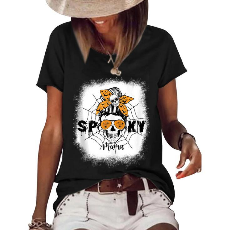 Women Spooky Mama Halloween Skull Messy Bun Witch Mom  Women's Short Sleeve Loose T-shirt