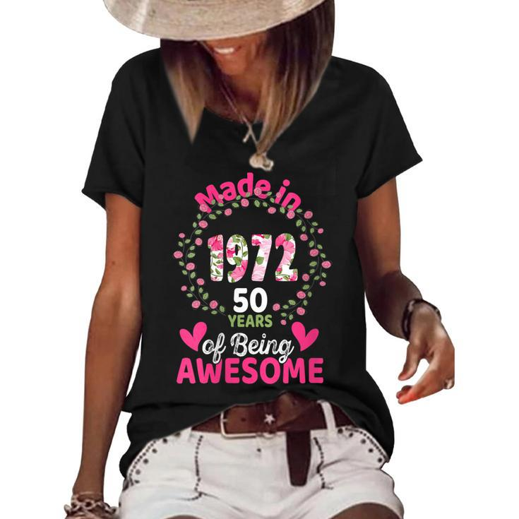 Womens 50 Years Old 50Th Birthday Born In 1972 Women Girls Floral  Women's Short Sleeve Loose T-shirt