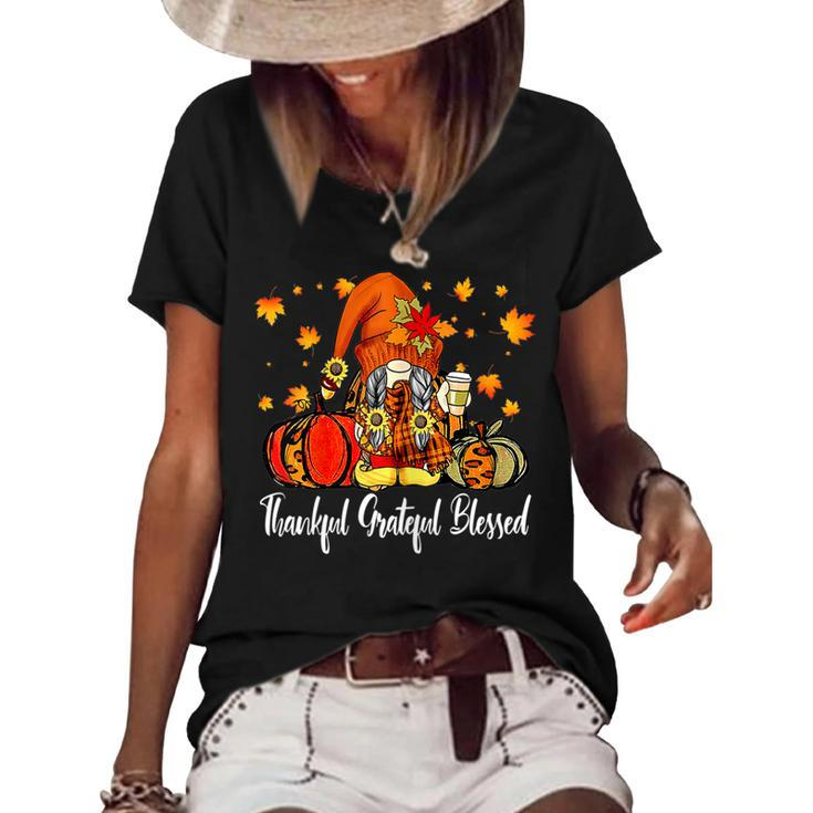 Womens Autumn Fall Outfit Gnome Thankful Grateful Blessed Pumpkin  V2 Women's Short Sleeve Loose T-shirt