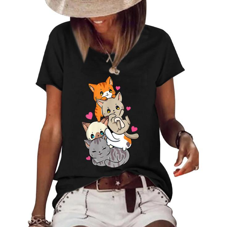Cat Cute Kitty Pile Cats Anime Kawaii Neko Gift Women Girls Women's Short  Sleeve Loose T-shirt - Thegiftio