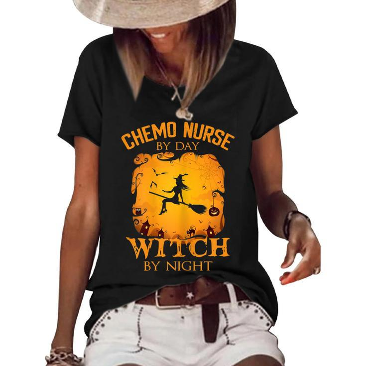 Womens Chemo Nurse By Day Witch By Night Funny Halloween Costume  Women's Short Sleeve Loose T-shirt