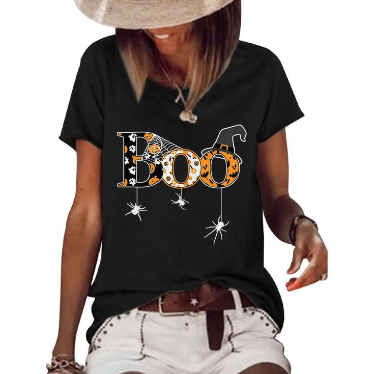 Womens Halloween  Spider Web Witch Hat Cute Boo  Women's Short Sleeve Loose T-shirt