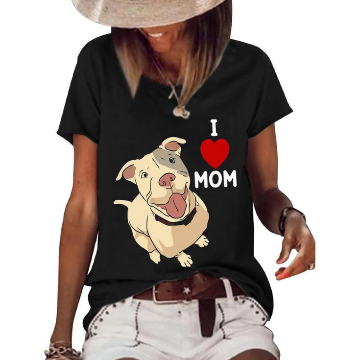 Womens I Love Mom Valentines Day Cute Dog Pitbull Mama V Day Pajama  Women's Short Sleeve Loose T-shirt