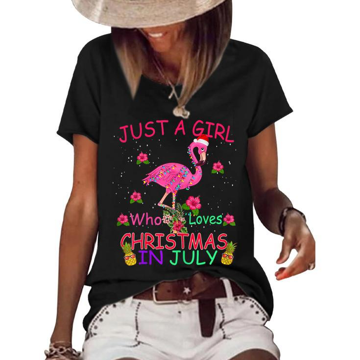 Womens Just A Girl Who Loves Christmas In July Flamingo  Women's Short Sleeve Loose T-shirt