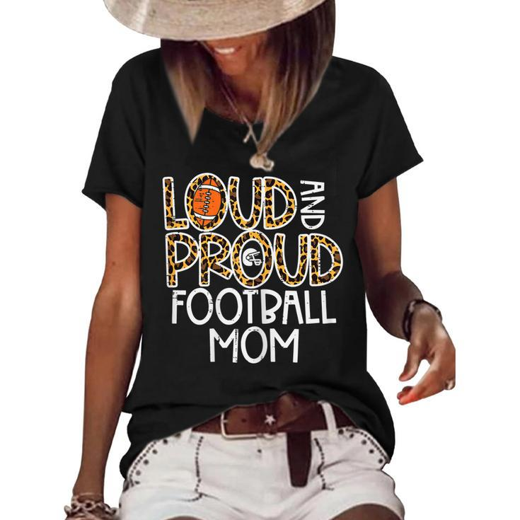 Womens Leopard Loud & Proud American Football Mom Family Mama Mommy  Women's Short Sleeve Loose T-shirt