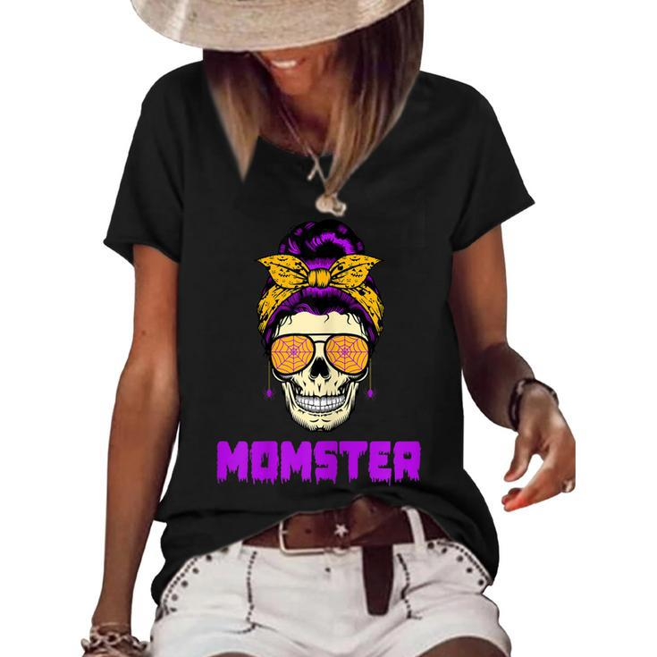 Womens Messy Bun Halloween Costume Monster Mom Momster  Women's Short Sleeve Loose T-shirt