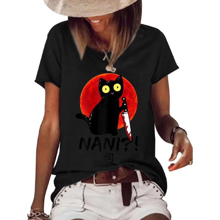 Womens Nani What Red Moon Black Cat Omae Wa Meme Kitten Gift  V2 Women's Short Sleeve Loose T-shirt
