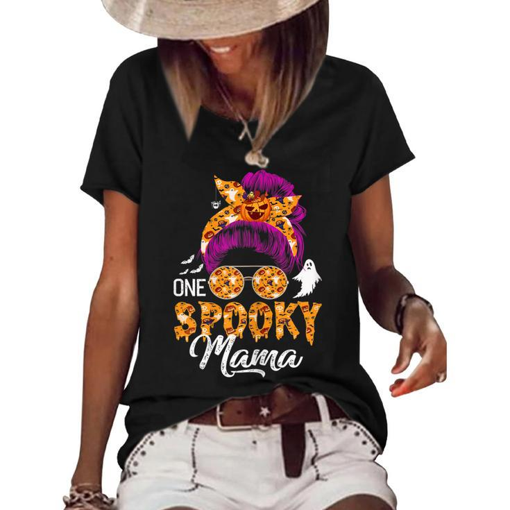 Womens One Spooky Mama  Halloween Messy Bun Hair Ghosts Lover  Women's Short Sleeve Loose T-shirt