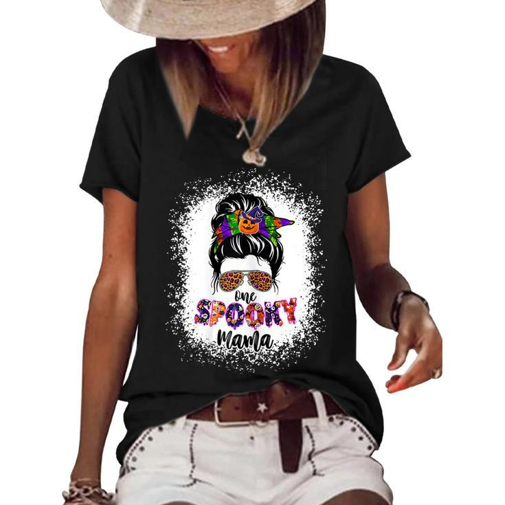 Womens One Spooky Mama Witchy Mama Halloween Messy Bun Mom Bleached  Women's Short Sleeve Loose T-shirt