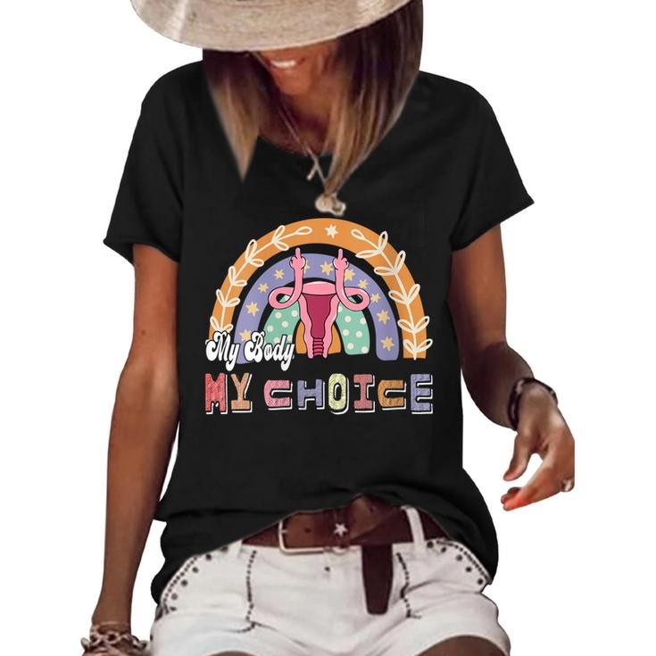 Womens Uterus My Body My Choice Pro Choice Leopard Rainbow  Women's Short Sleeve Loose T-shirt