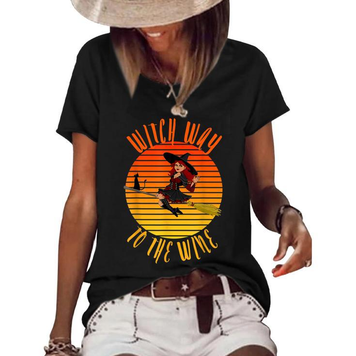 Womens Witch Way To The Wine Funny Wine Halloween Witch Wine  Women's Short Sleeve Loose T-shirt