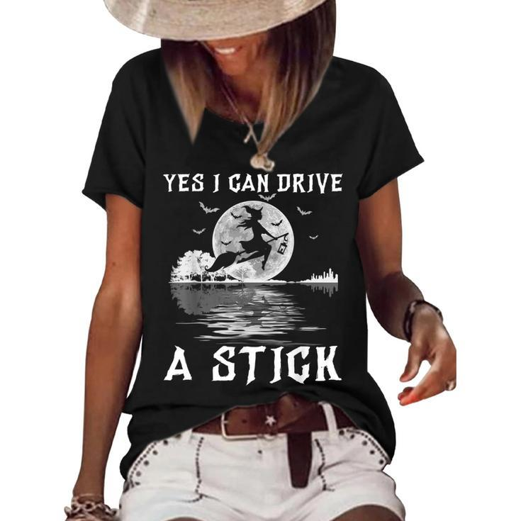 Yes I Can Drive A Stick Halloween Witch Riding Broomstick  Women's Short Sleeve Loose T-shirt