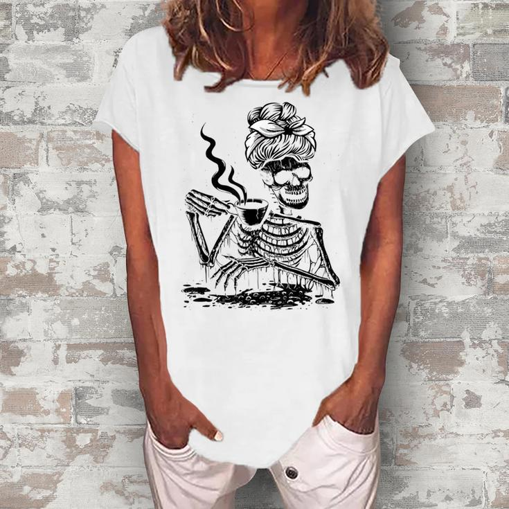 Coffee Drinking Skeleton Lazy Diy Halloween Costume Women  V4 Women's Loosen Crew Neck Short Sleeve T-Shirt