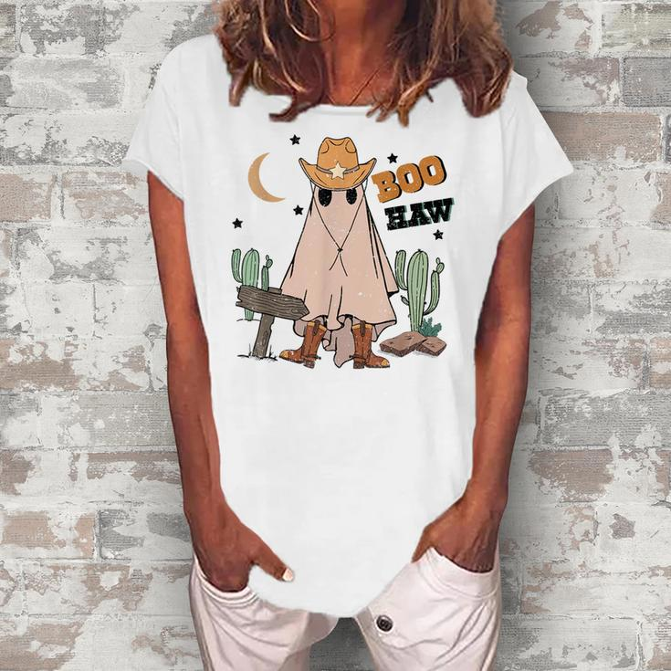 Cowboy Boo How Retro Ghost Halloween Costume Desert Cactus  Women's Loosen Crew Neck Short Sleeve T-Shirt