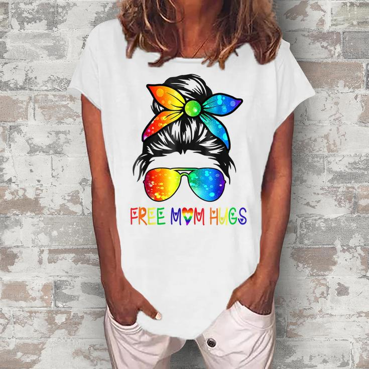 Free Mom Hugs Messy Bun Rainbow Lgbt Pride Month  Women's Loosen Crew Neck Short Sleeve T-Shirt