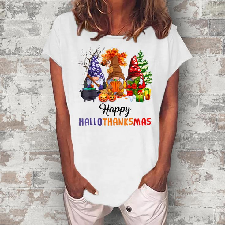 Halloween Thanksgiving Christmas Happy Hallothanksmas Gnomes  V11 Women's Loosen Crew Neck Short Sleeve T-Shirt