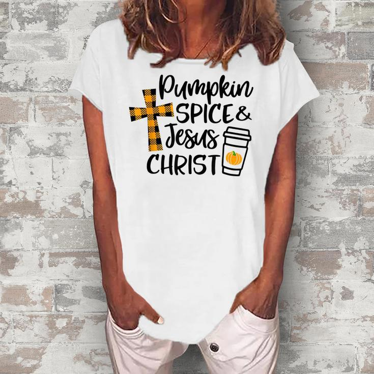 Hello Fall Pumpkin Spice & Jesus Christ Fall Christian Gift  Women's Loosen Crew Neck Short Sleeve T-Shirt