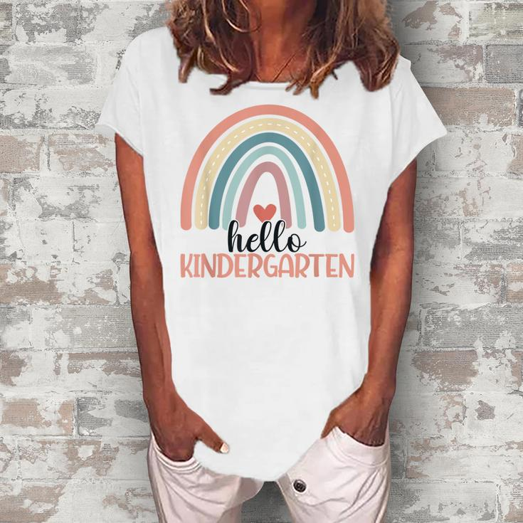 Hello Kindergarten Rainbow Cute Kinder Boho Rainbow Teacher  Women's Loosen Crew Neck Short Sleeve T-Shirt