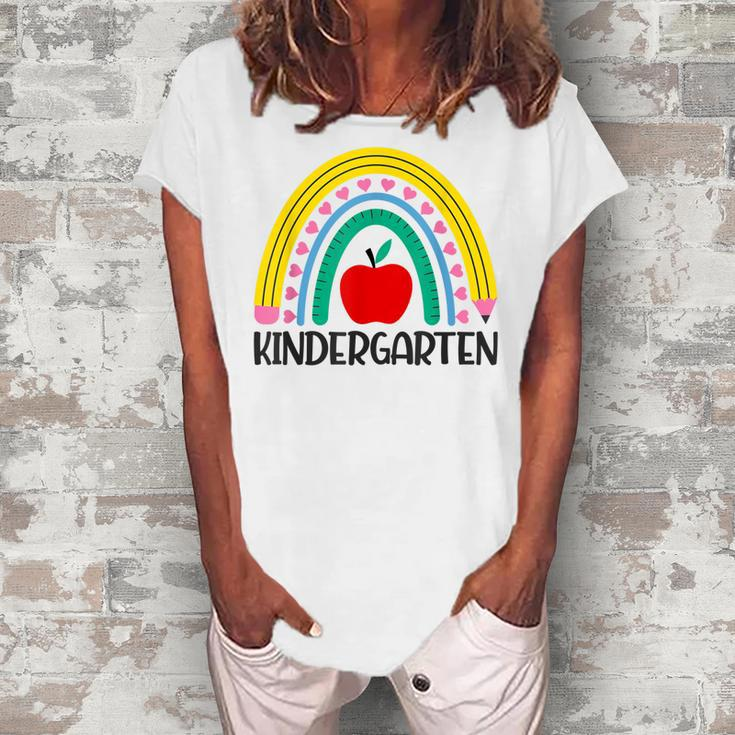 Hello Kindergarten Rainbow Teacher Student Back To School  Women's Loosen Crew Neck Short Sleeve T-Shirt