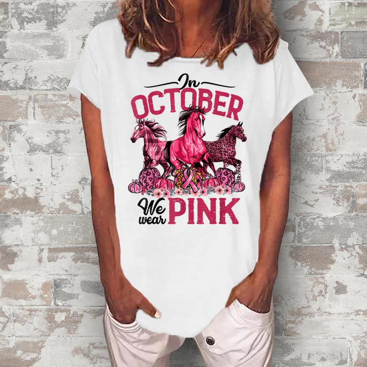In October We Wear Pink Horse Leopard Pumpkin Breast Cancer  Women's Loosen Crew Neck Short Sleeve T-Shirt