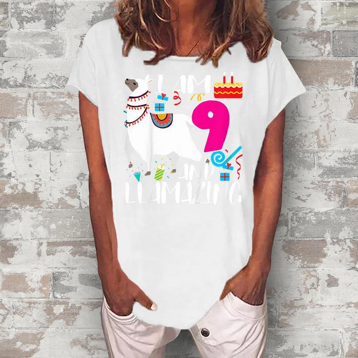 Kids 9 Year Old I Am 9 Years Old And Llamazing Llama 9Th Birthday  Women's Loosen Crew Neck Short Sleeve T-Shirt