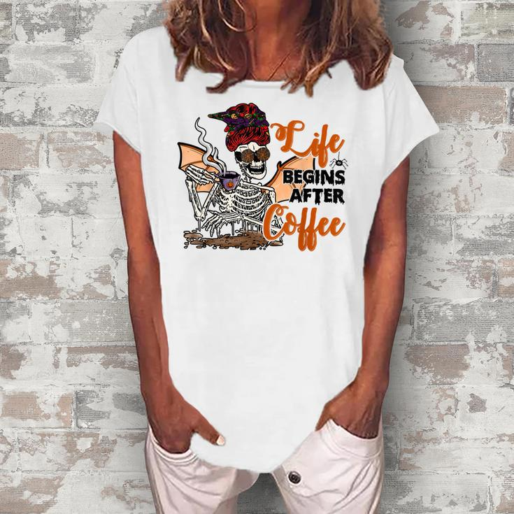 Life Begin After Coffee Halloween Mama Skeleton Costume  Women's Loosen Crew Neck Short Sleeve T-Shirt