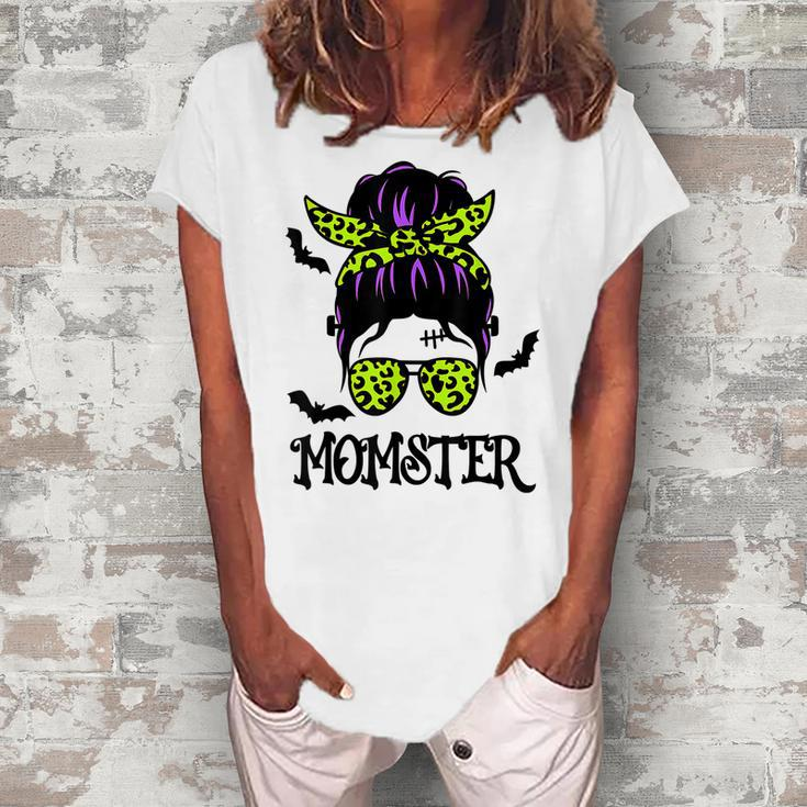 Momster  Womens Halloween Messy Bun Mom Ster  V3 Women's Loosen Crew Neck Short Sleeve T-Shirt