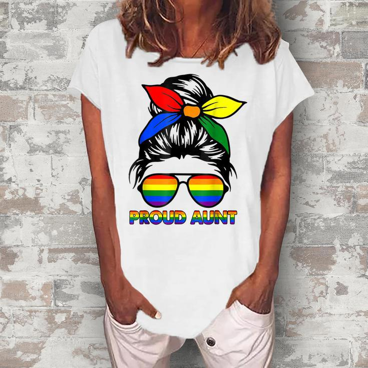 Proud Aunt Messy Bun Rainbow Lgbt Gay Pride Month  Women's Loosen Crew Neck Short Sleeve T-Shirt