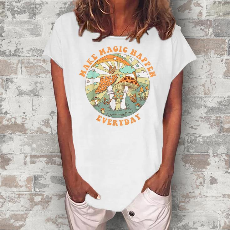 Retro Groovy Make Magic Happen Mushroom Hippie Botanical  Women's Loosen Crew Neck Short Sleeve T-Shirt