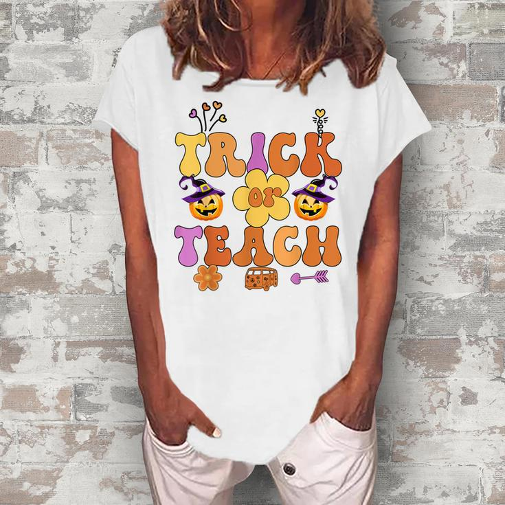 Retro Trick Or Teach Ghost Teacher Halloween Costume Womens  V23 Women's Loosen Crew Neck Short Sleeve T-Shirt
