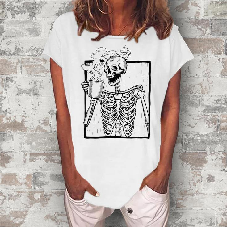 Skeleton Drink Coffee Funny Skeleton Halloween Costume  Women's Loosen Crew Neck Short Sleeve T-Shirt