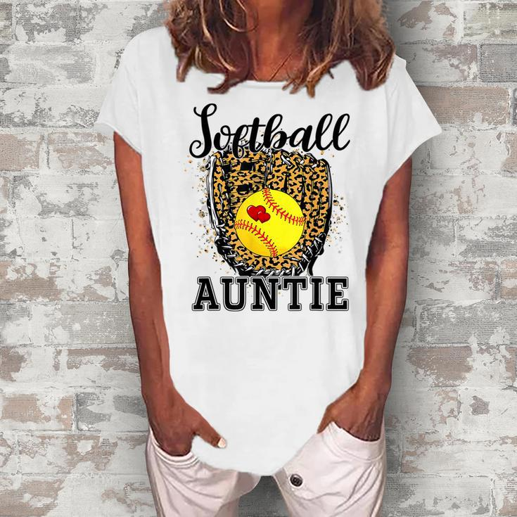 Softball Auntie Leopard Game Day Aunt Mother Softball Lover  Women's Loosen Crew Neck Short Sleeve T-Shirt