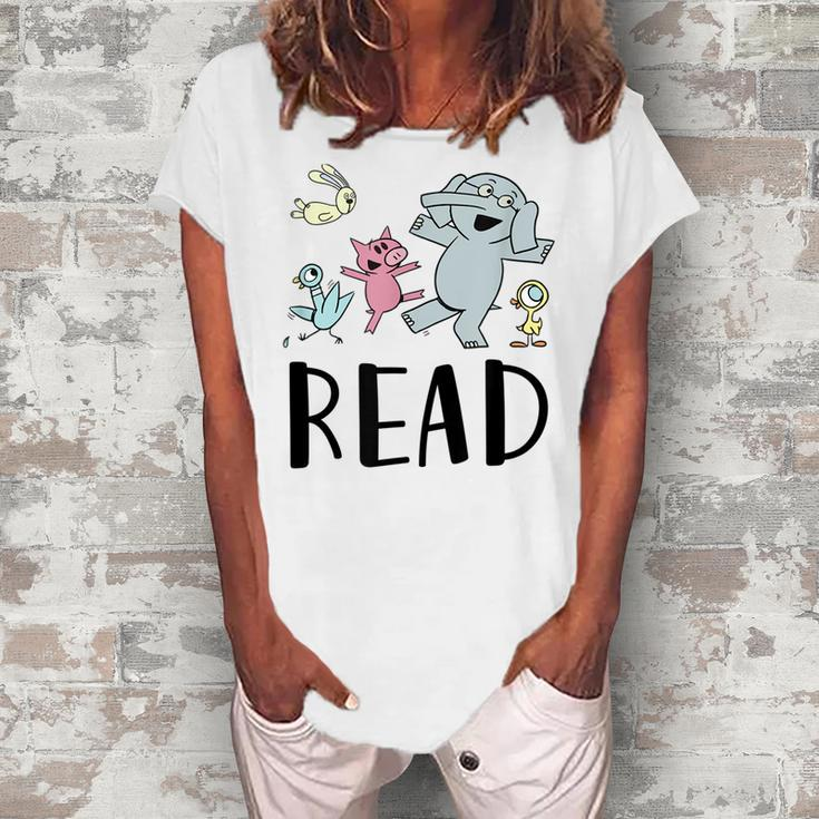 Teacher Library Funny Read Book Club Piggie Elephant Pigeons  Women's Loosen Crew Neck Short Sleeve T-Shirt