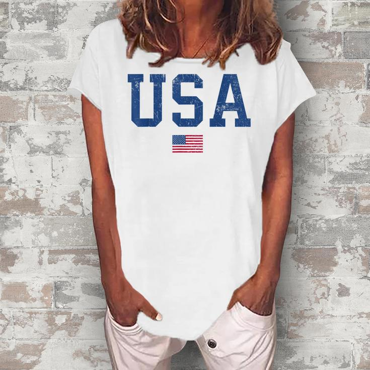 Usa  Women Men Kids Patriotic American Flag Distressed  Women's Loosen Crew Neck Short Sleeve T-Shirt