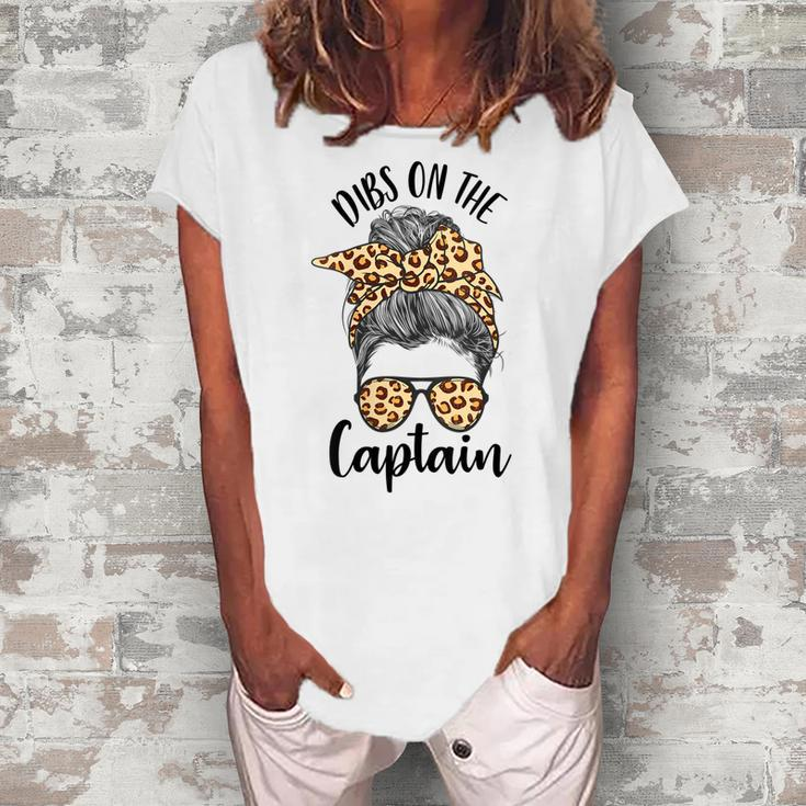 Womens Funny Captain Wife Dibs On The Captain Saying Cute Messy Bun  Women's Loosen Crew Neck Short Sleeve T-Shirt