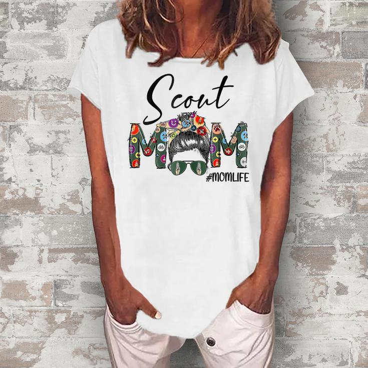 Womens Mothers Day Womens Scouting Scout Mom Life Messy Bun Hair  Women's Loosen Crew Neck Short Sleeve T-Shirt