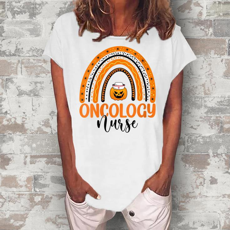Womens Oncology Nursing Halloween Pumpkin Rainbow Oncology Nurse  Women's Loosen Crew Neck Short Sleeve T-Shirt