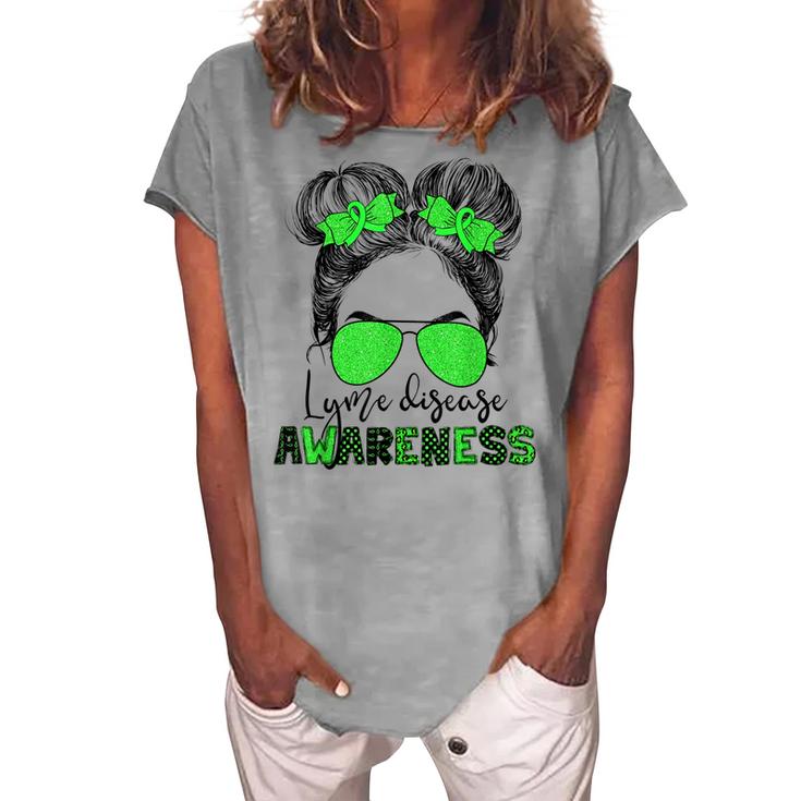 Lyme Disease Awareness Messy Hair Bun For Girl  Women's Loosen Crew Neck Short Sleeve T-Shirt