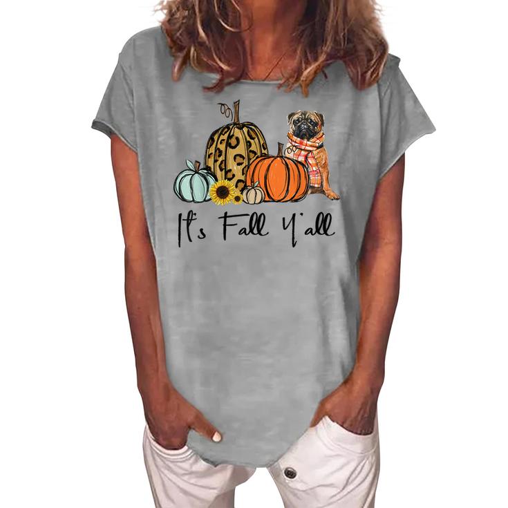 Its Fall Yall Yellow Pug Dog Leopard Pumpkin Falling  Women's Loosen Crew Neck Short Sleeve T-Shirt