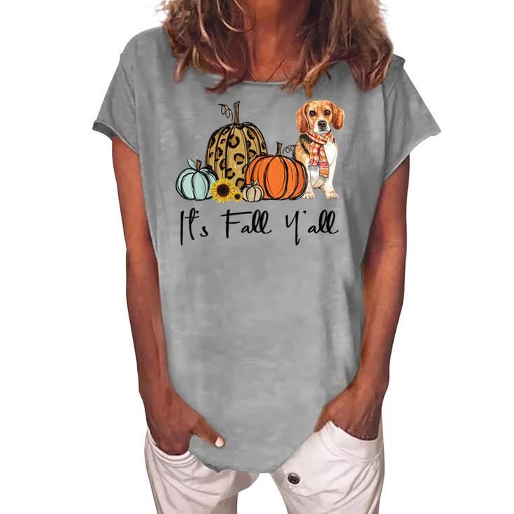 Its Fall Yall Yellow Beagle Dog Leopard Pumpkin Falling  Women's Loosen Crew Neck Short Sleeve T-Shirt