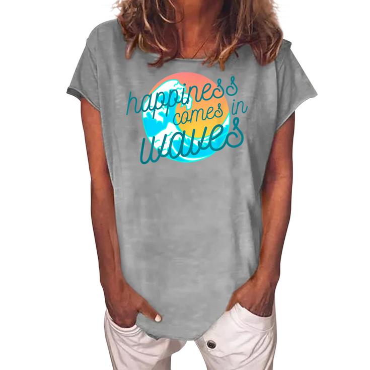 Ocean Wave Sunset  Happiness Comes In Waves Summer Gift Women's Loosen Crew Neck Short Sleeve T-Shirt