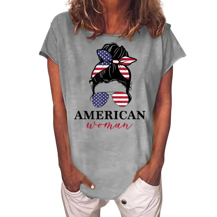 All American Girl Messy Bun Flag 4Th Of July Sunglasses Women's Loosen T-shirt