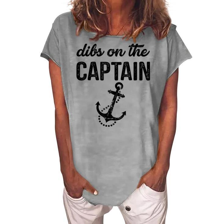 Dibs On The Captain Retro Anchor Funny Captain Wife Women's Loosen Crew Neck Short Sleeve T-Shirt